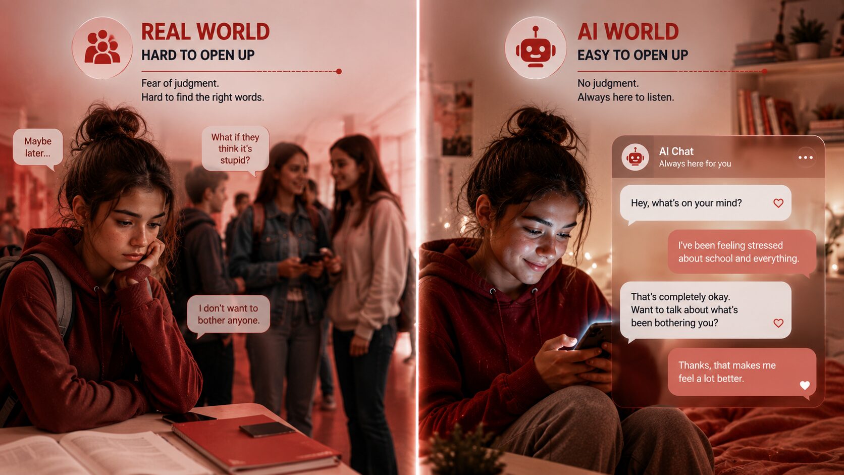 Teens Using Ai Chatbots Is Rising Fast Split-screen editorial illustration comparing a teenager struggling to open up to friends with the same teenager comfortably talking to an ai chatbot on a smartphone.