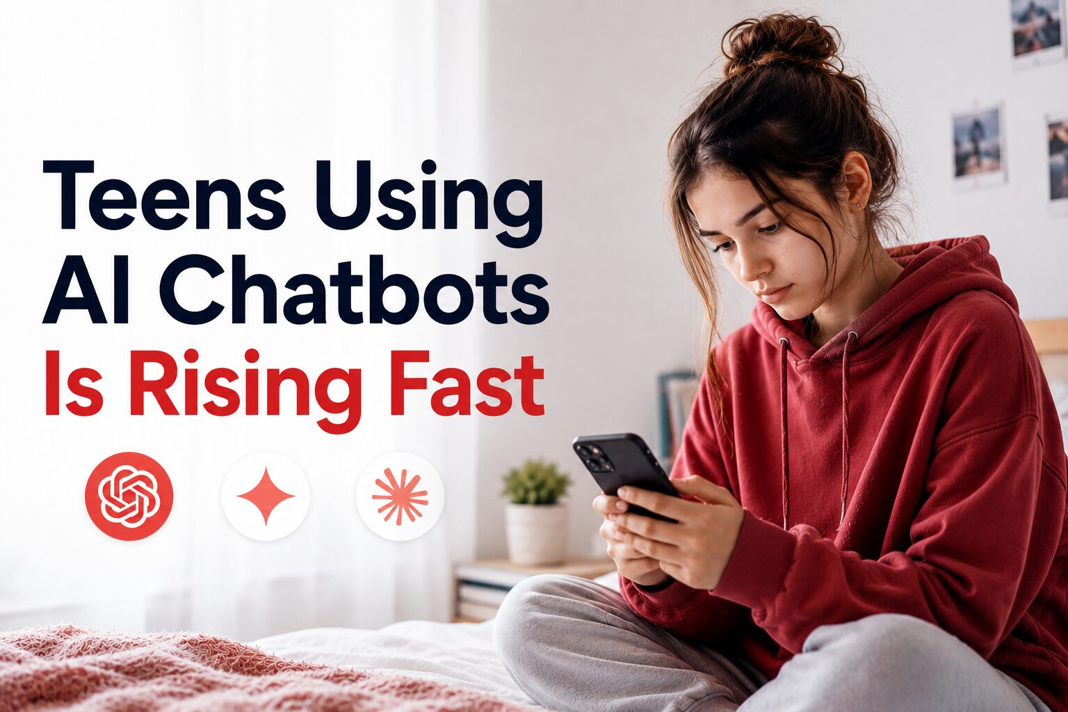 Teen girl using AI chatbots on a smartphone with ChatGPT, Gemini and Claude logos beside the article title.